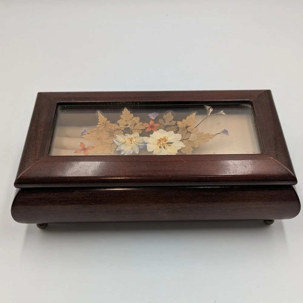 Vintage Wood Music Jewelry Box Brown Dried Flower Glass Inset Brass Feet Works